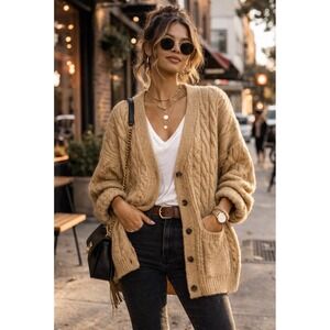 LOFT Womens Cable Knit Cardigan Sweater Camel Tan Button Front Pocket Small.  X